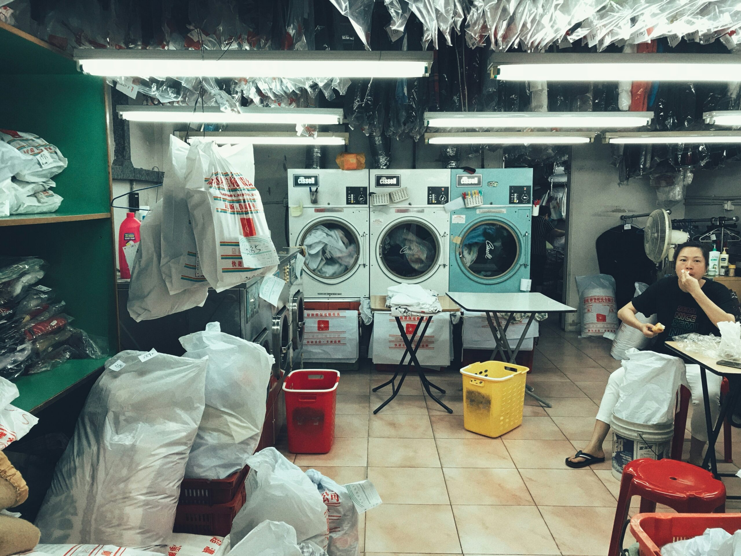 The interior of a laundromat.